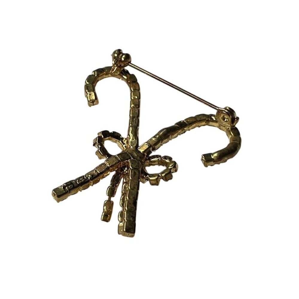 Christmas Candy Cane Rhinestone Brooch Pin With Gold-Tone Finish - Picture 2 of 5